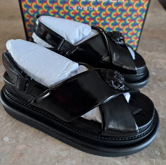 Kurt Geiger Landon Oroson Patent Cross Strap Platform Black Leather Sandal $240 - Picture 1 of 11